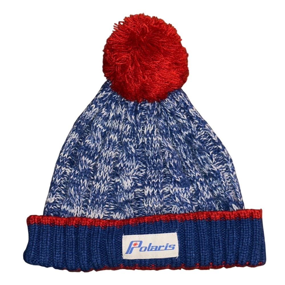 Polaris Blue White Red Cable Knit Pom Beanie Hat Snowmobile Adult One Size